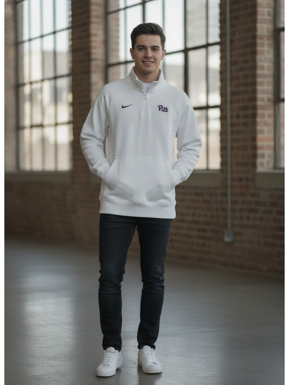 Nike Pitt Panthers Mens Large 1/4 Zip Pullover White Sweatshirt